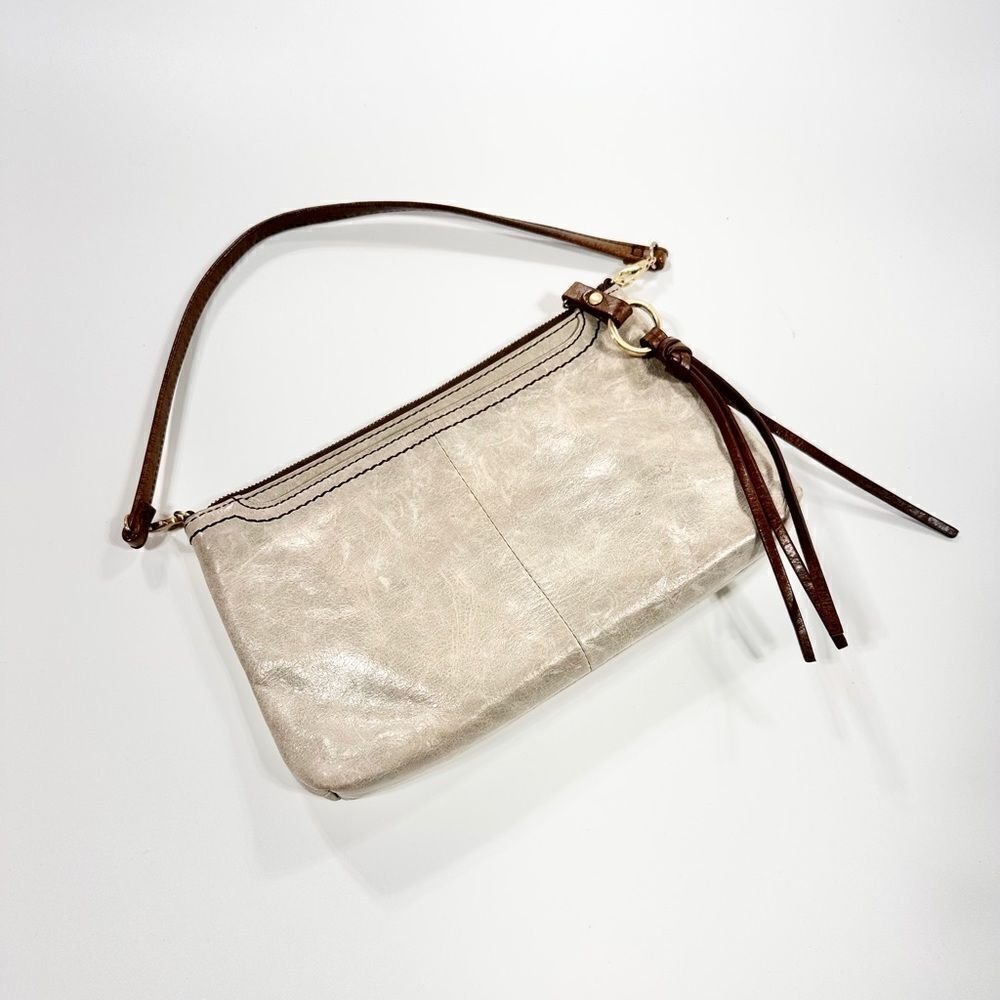 Hobo taupe leather wristlet purse with long crossbody strap
